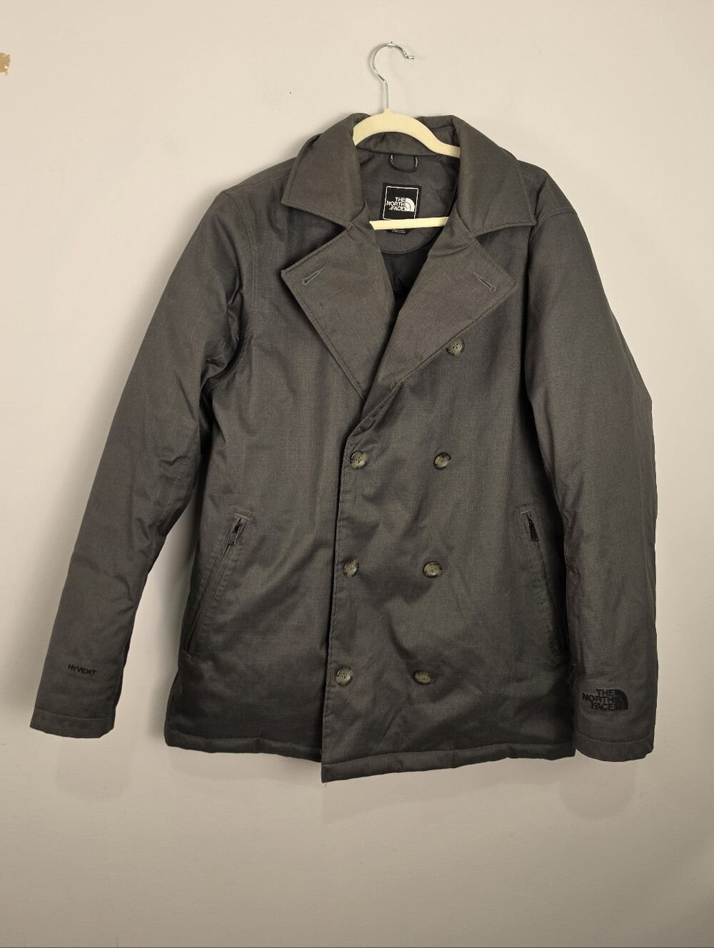 The North Face HyVent Mens Gray Double Breasted Down Pea Coat Jacket Size Medium